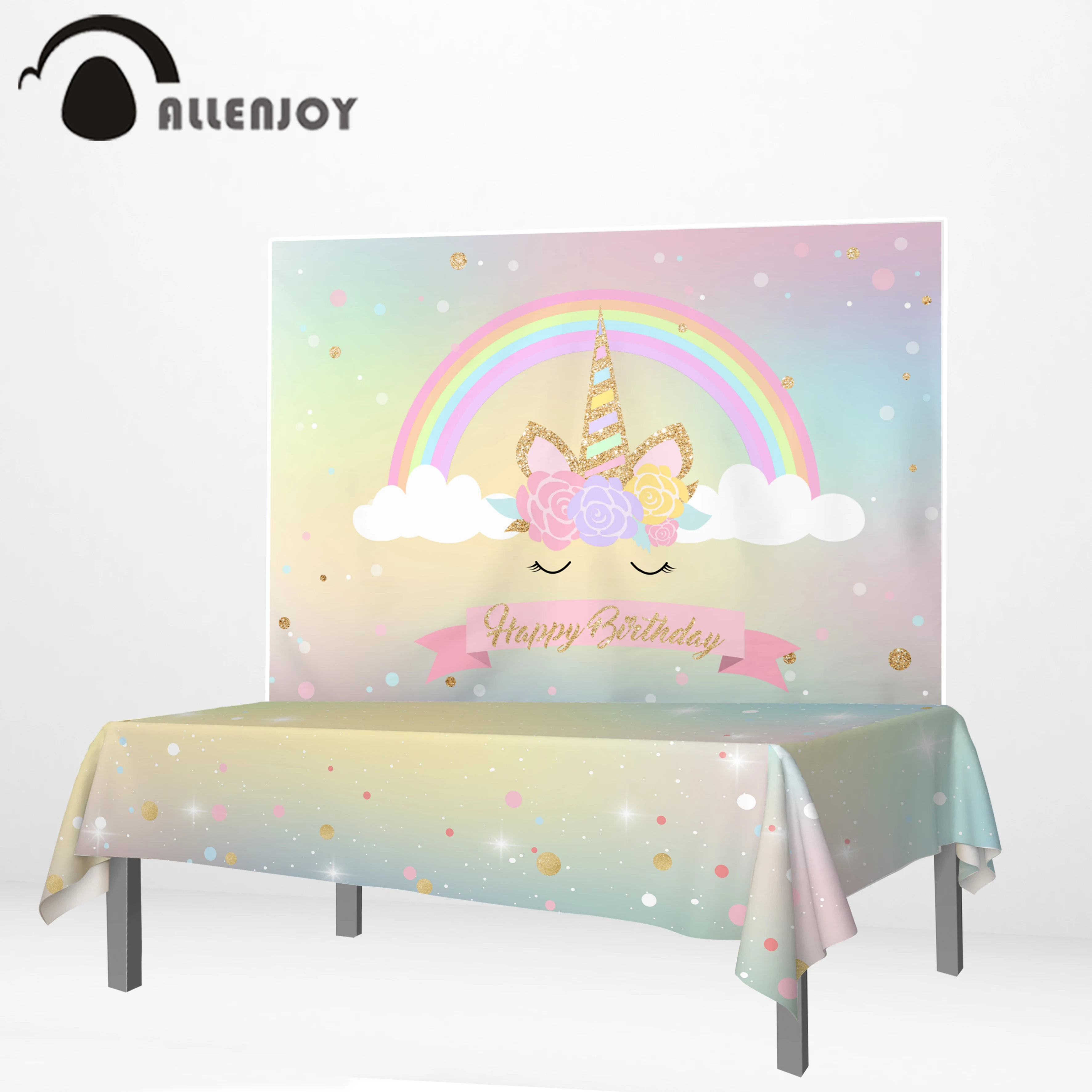 Allenjoy happy birthday banner unicorn rainbow flowers clouds colorful party backdrop tablecloth backdrop table cover vinyl