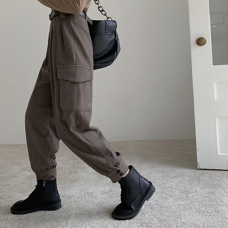 

Women Black Pleated High Waist Pants Fashion Pockets Casual Loose Slouchy Pants Ladies Simple Basic Denim Trousers Streetwear