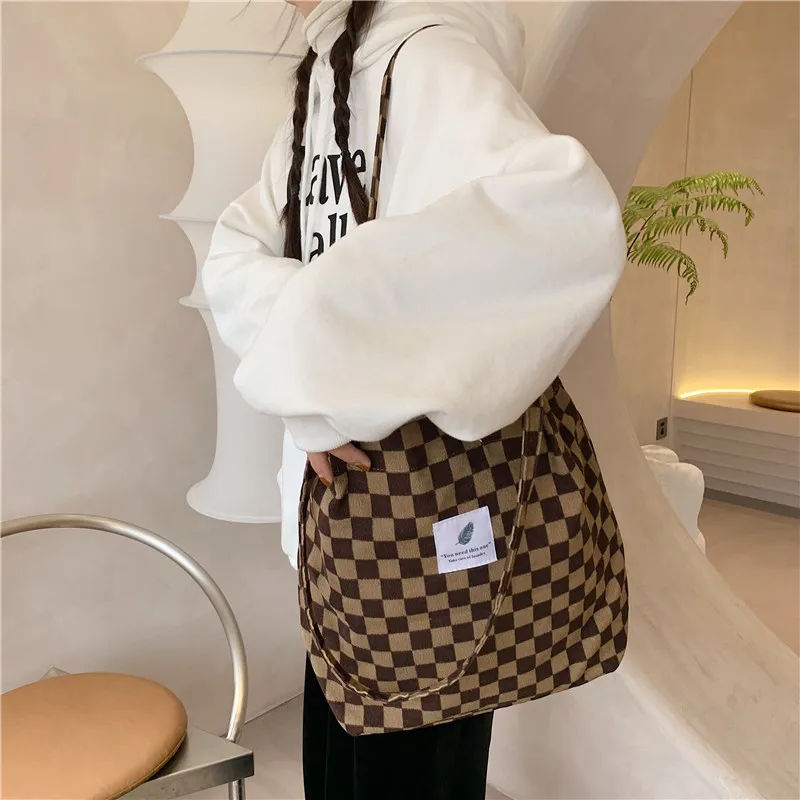 Chess Print Women Corduroy Canvas Tote Handbag Books Shoulder Bags Ladies Cloth Shopping Bag Vintage Plaid Design Cotton Purse