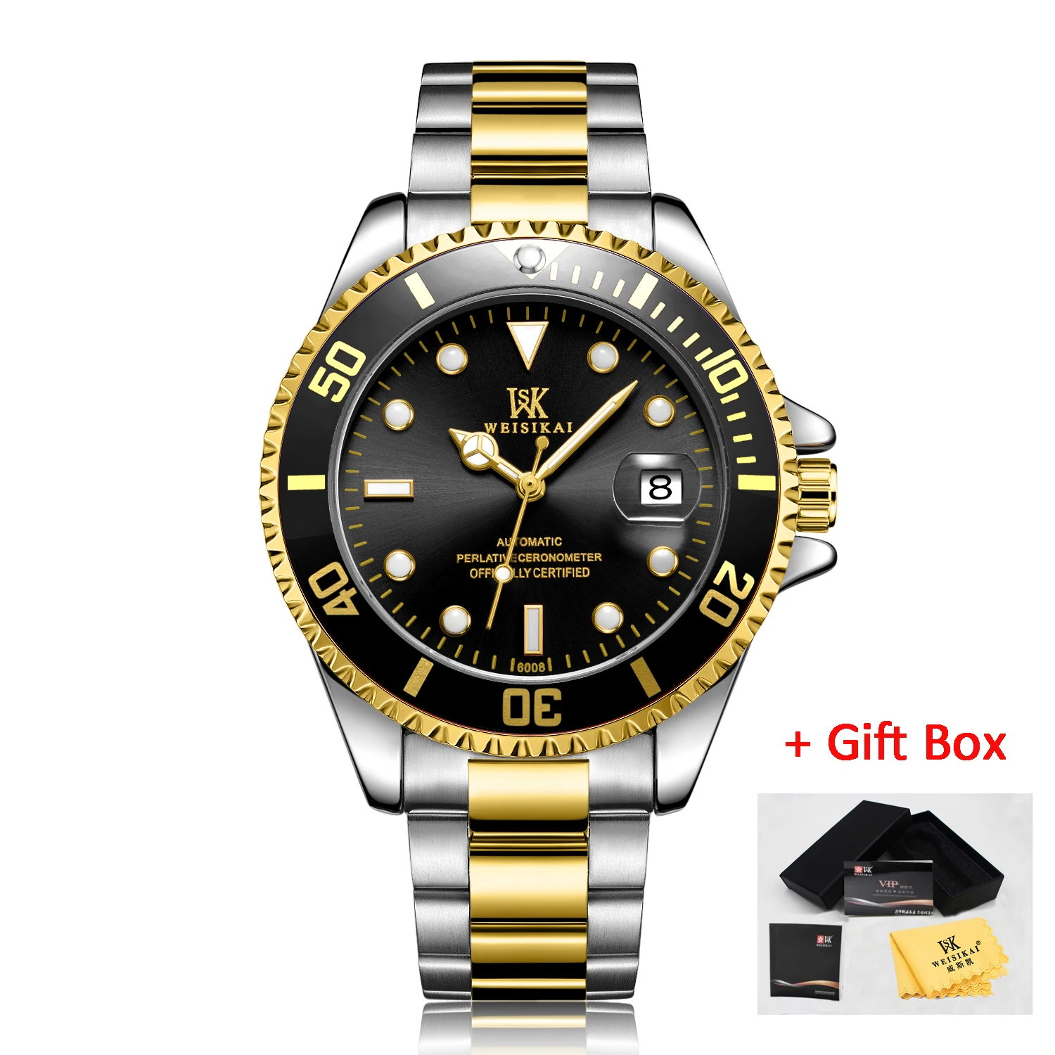 WSK gold black WEISIKAI, мужские часы для ныряльщиков, автоматические механические часы, спортивные, Топ бренд, для дайвинга, часы для мужчин, мужские наручные часы, Relogio Masculino - Цвет: WSK gold black