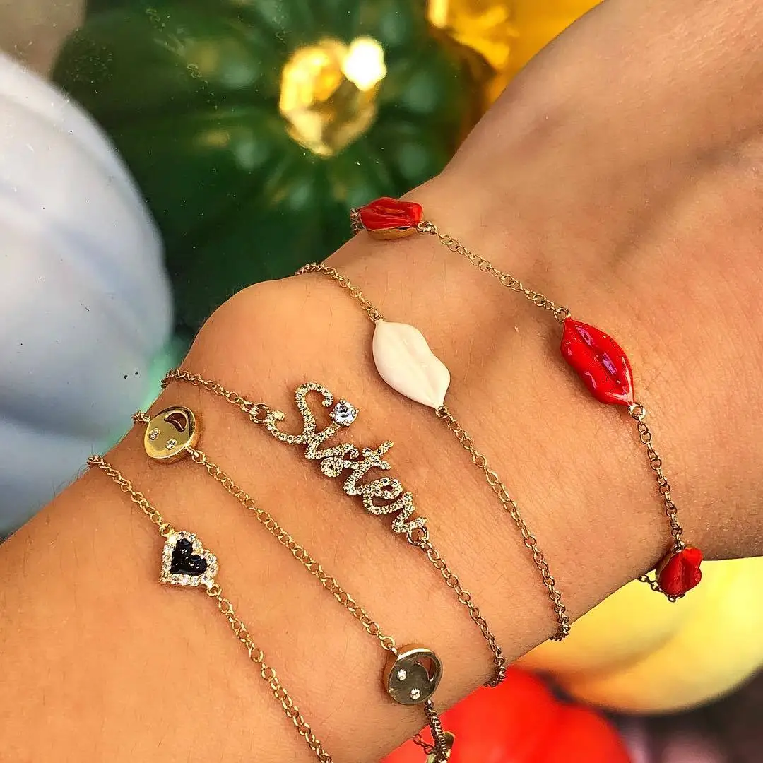 

5pcs/set Lovely Fashion Enamel Lips Hearts Sister Letter Charm Bracelets For Friendship Women's Gold Chain Bracelets Set