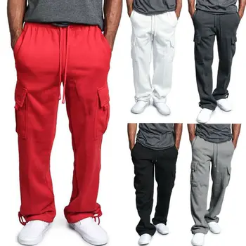 online Masculino Solto Jogger Gym Peso Pesado Velo Carga Bolso Calças De Suor Com Cordão