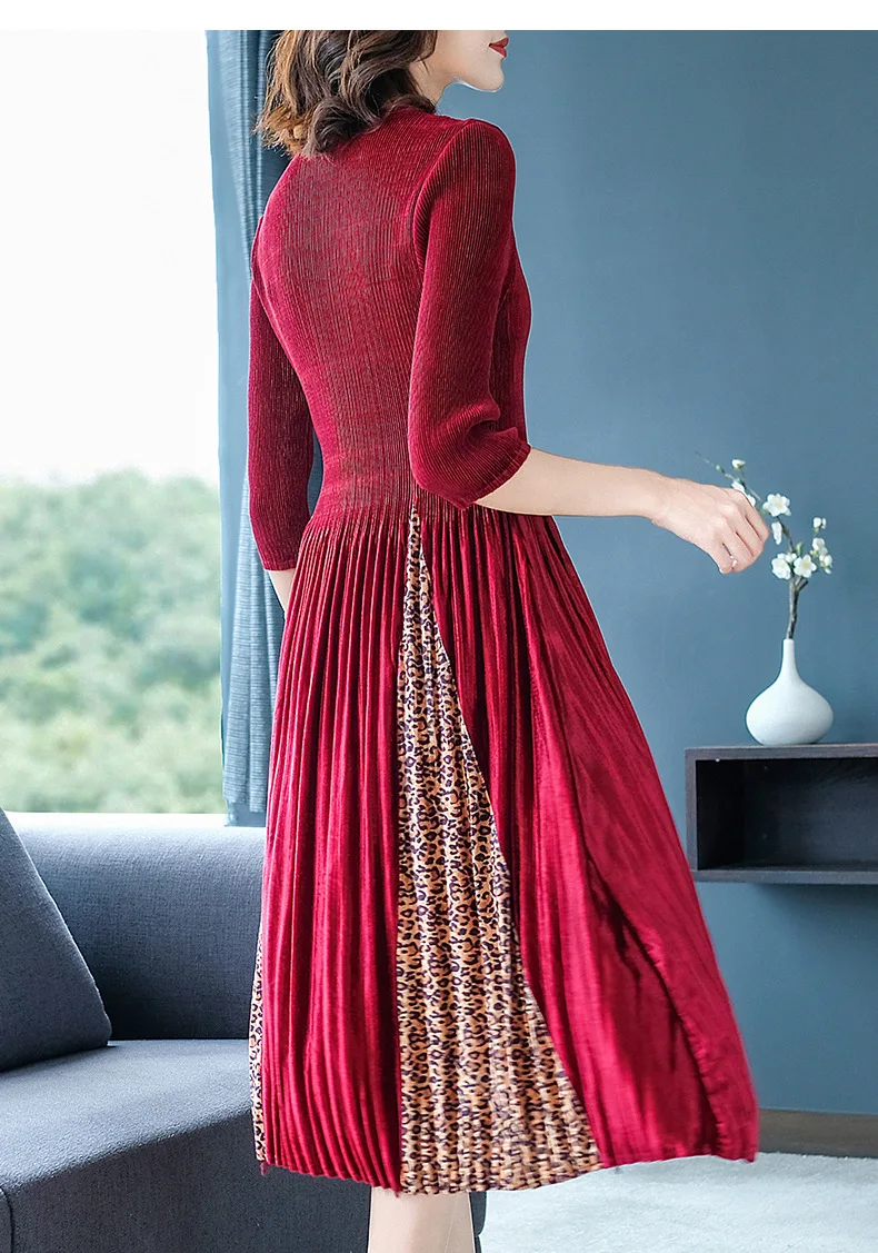 Европейская станция модное леопардовое платье с прострочкой осеннее новое Золотое бархатное плиссированное платье большого размера MIYAKE