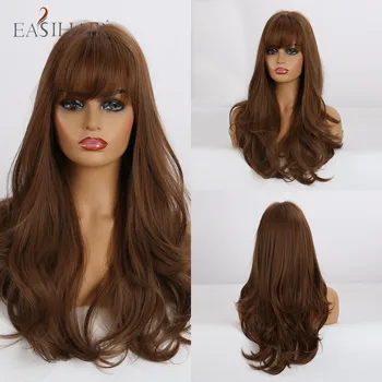 

EASIHAIR Long Wavy Fluffy Wigs with Bangs Dark Brown Heat Resistant Synthetic Wigs for Afro Women Cosplay Natural Wigs