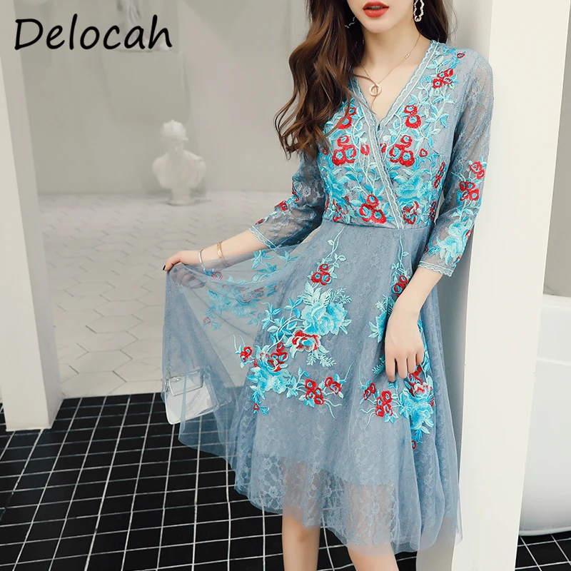 

Delocah Women Autumn Fashion DesignerÂ Party A-Line Dress Embroidery Sexy V-Neck High Waist Bodycon Fit Midi Dresses vestidos