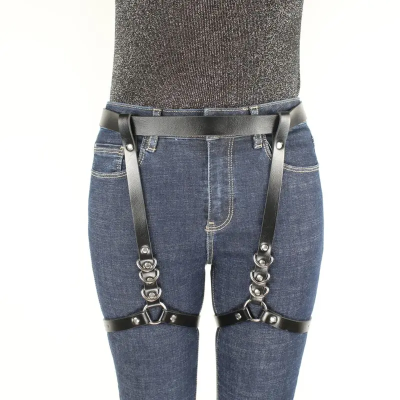 Women Sexy Night Party Leg Harness Caged Thigh Garters Gothic Adjustable Cincher Waist Belt Faux Leather Metal Ring Rave Outfits
