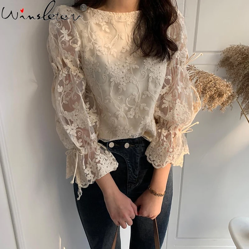 Embroidery Pullovers Woman Lace Shirts 2020 Autumn O-Neck Long Sleeve Korean Style Women Blouses Back Ribbon Tops T07909K | Женская