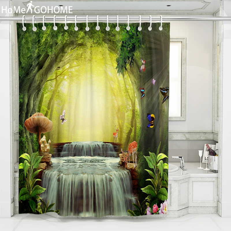 

Mushroom Forest Trees Waterfall 3D Bath Curtains Waterproof Polyester Fabric Washable Bathroom Shower Curtain Screen with Hooks