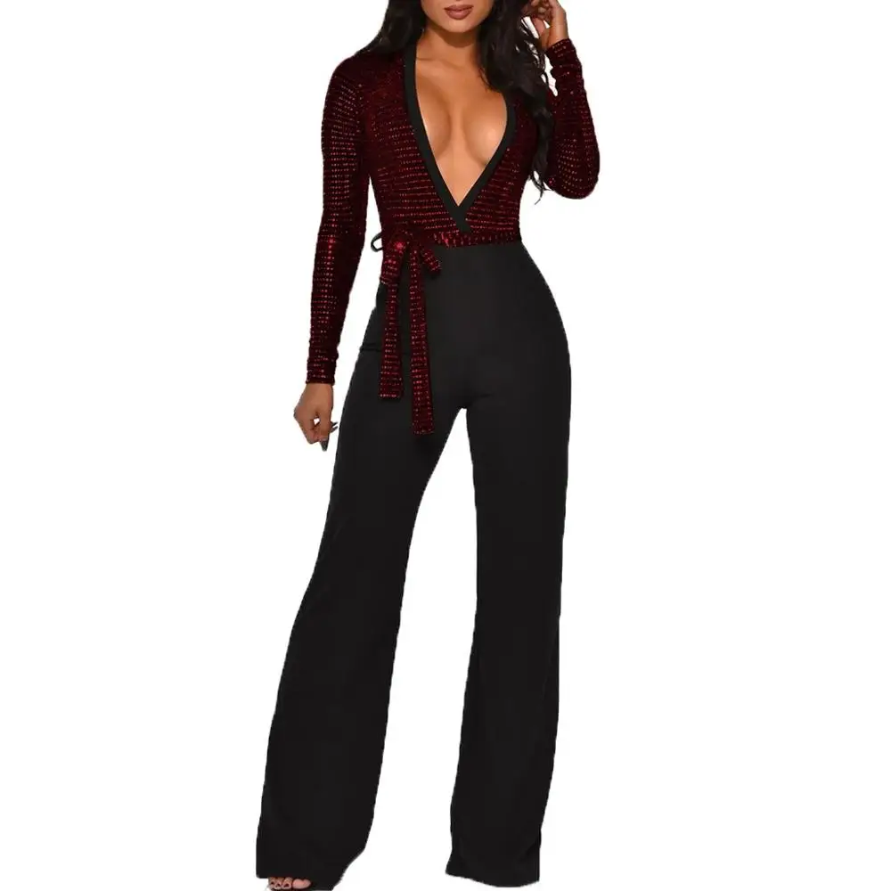 

Sequined Slim Women Jumpsuits Black Sexy Solid Leotard Long Sleeves Straight Rompers Partywear Monos de Fiesta 2020 New Hot YE