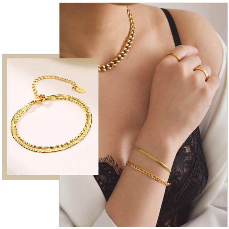 Chic Flache Schlange Kette Figaro Link Armbänder für Frauen Schmuck Temperament Gold Farbe Verstellbare Edelstahl Armband Geschenke