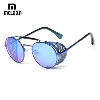 

MCLEXN NEW Retro Steampunk Sunglasses Round Designer Steam Punk Metal Shields Sunglasses Men Women UV400 Gafas de Sol