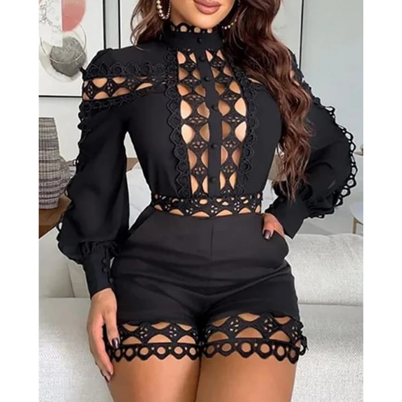 New Women Playsuits Hollow Out Jumpsuit Turtleneck Jumpsuits Black White Party Overalls Womens Romper | Женская одежда