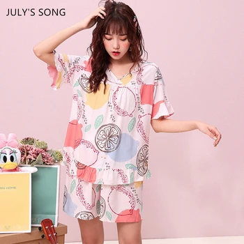 

JULY'S SONG 2020 New pajamas Women Summer Viscous V-neck Colorful Cute Printing Short Sleeve Shorts Casual Girl Set Sleepwear