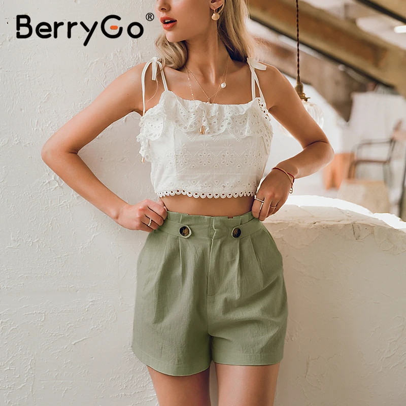 BerryGo повседневные однотонные летние шорты для женщин, средняя талия, хлопковые женские шорты для офиса, женские шорты на пуговицах, уличная одежда