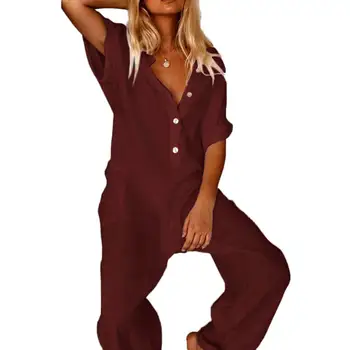 

Women Jumpsuit Elegant V Neck Jumpsuits Summer Women Solid Color V Neck Short Sleeve Pockets Loose Jumpsuit Overall 2020
