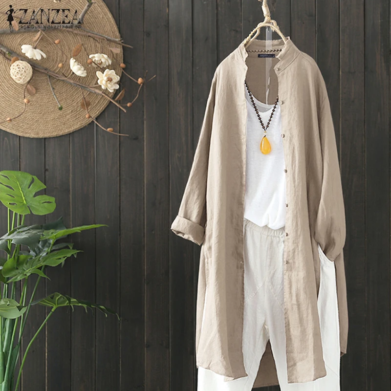 Najtaniej 2019 Plus rozmiar ZANZEA wiosna jesień kobiety dorywczo klapa z długim rękawem w stylu Vintage bawełniana pościel luźna praca OL długa koszula sweter bluzka
