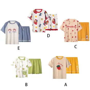 

Women Summer Plus Size 2 Piece Cotton Pajama Set Cartoon Strawberry Fruit Short Sleeve Sleepwear Wide Leg Loose Homewear