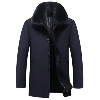 

Winter Woolen Wool Coat Windbreaker Men Fur Collar Plus Velvet Thickening Middle-Aged Jacket Short Woolen Coat