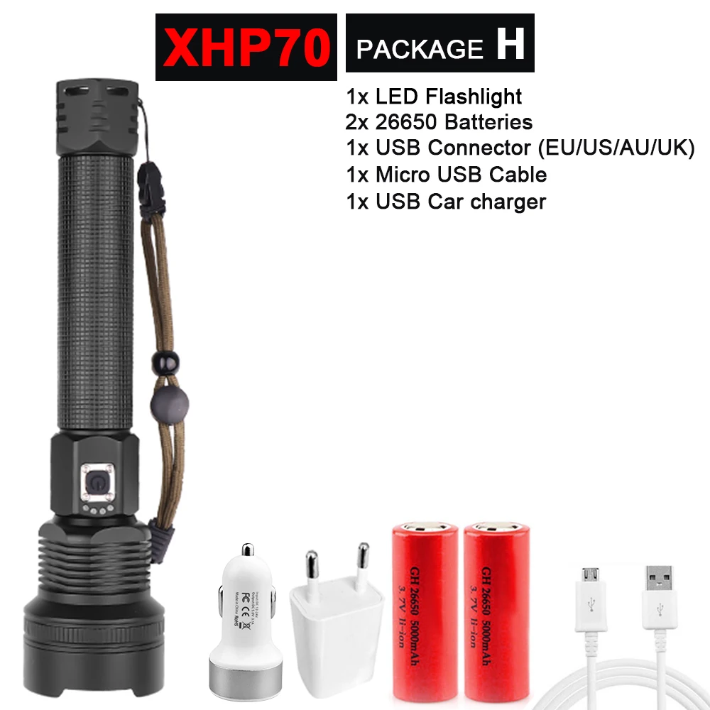 Супер яркий XHP90/70,2 светодиодный фонарик, супер мощный фонарь, USB лампа с зумом, фонарь с зумом, работающий от аккумулятора 18650 26650 - Испускаемый цвет: Package H-XHP70.2