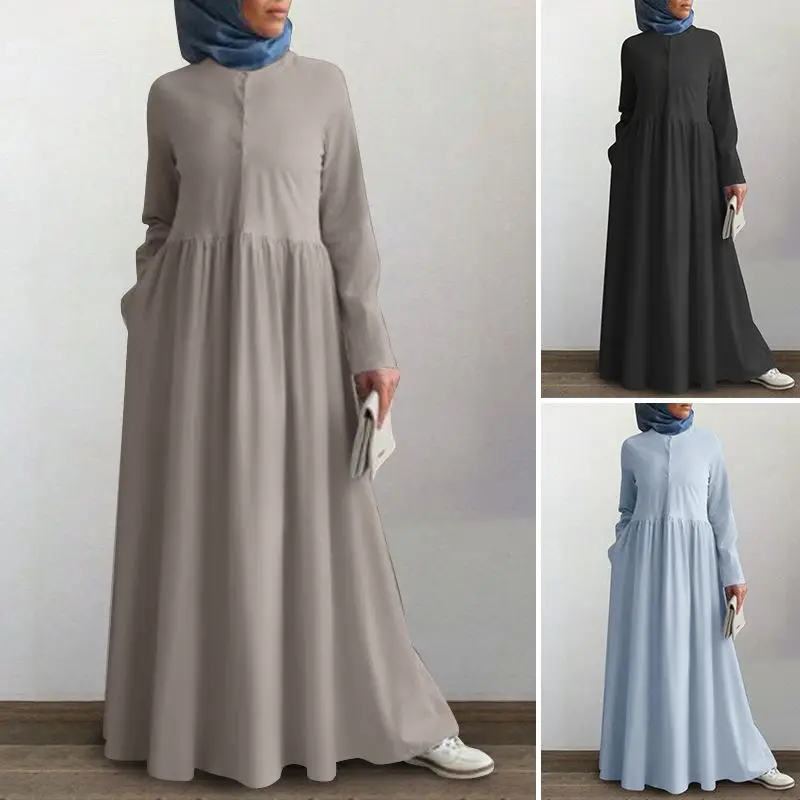 Retro Muslim Islamic Robe Womens Autumn Dress ZANZEA Casual Long Sleeve Button Maxi Vestidos Female Solid Turkish Clothing