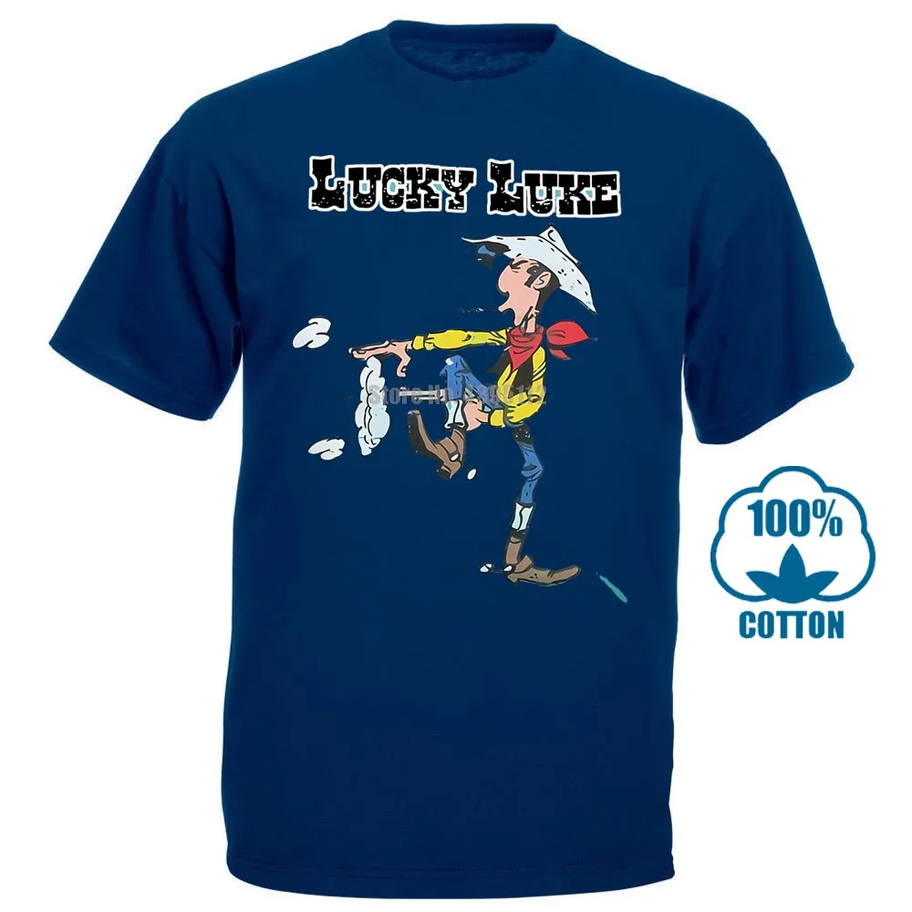 Lucky Luke Comics ковбой Уайлдер Вестерн Прохладный Лето Мужская Новая футболка Личность граффити - Цвет: Тёмно-синий