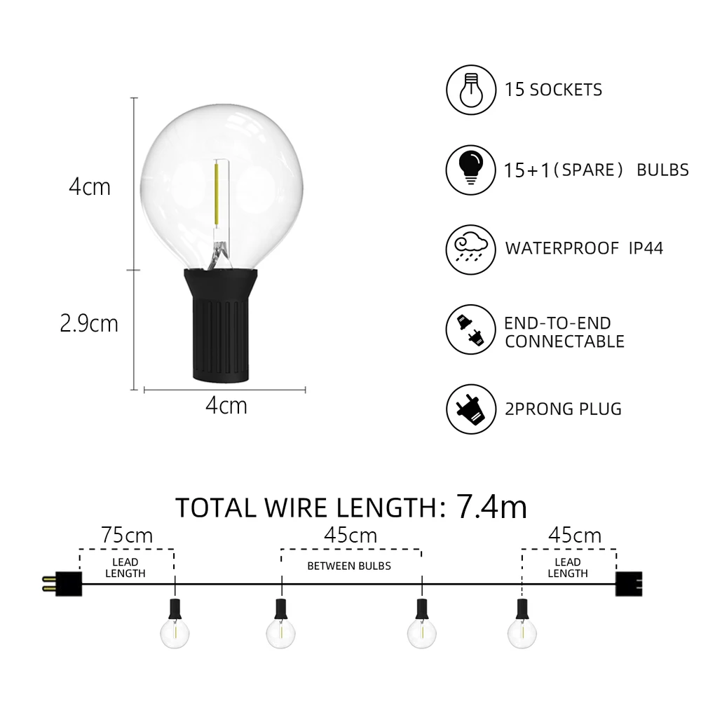 24.6FT Fairy String Light G40 LED Globe Party Garland String Light Warm White 15 Clear Vintage Bulbs Decorative Outdoor Backyard