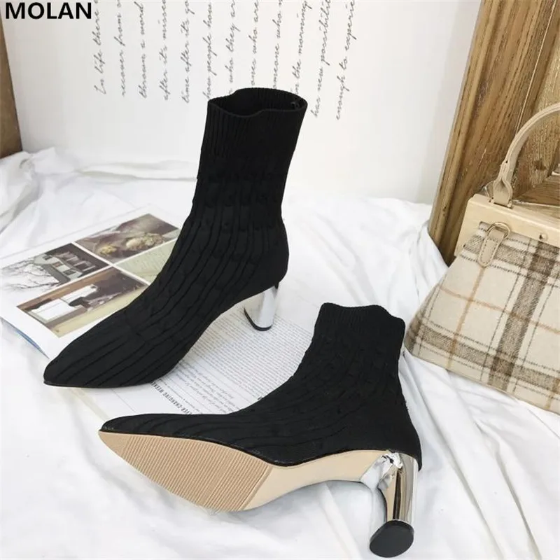 MOLAN/брендовая дизайнерская обувь; коллекция года; сезон осень; модная Высококачественная стрейчевая ткань; обувь с острым носком на высоком странном каблуке; женские туфли-лодочки