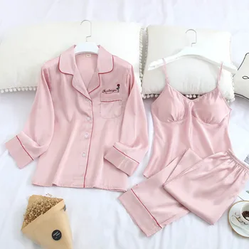 

3 pieces women pajamas set sexy sling long sleeve pants pajamas ice silk turn-down collar pink home service suit autumn clothes