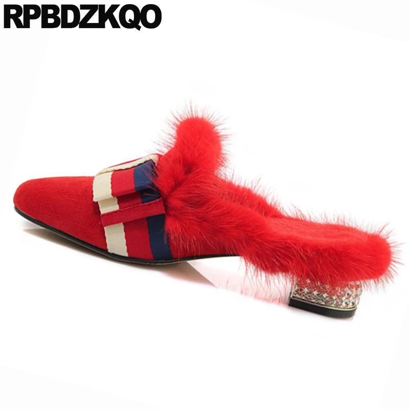 thick square toe bee fur embroidered high heels ladies pumps designer women luxury shoes italian suede red embroidery block