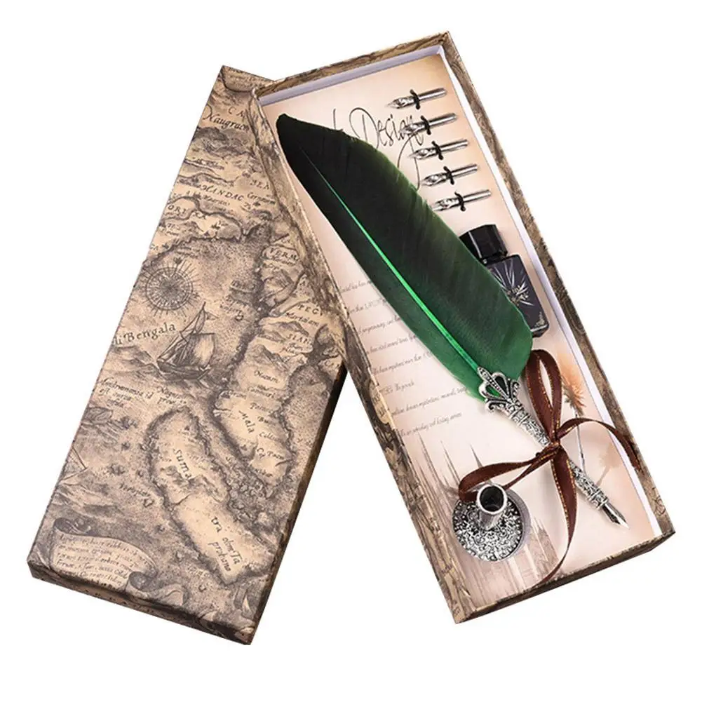 

Luxury Fountain Pens Retro Calligraphy Quill Dip Feather Pen with 5 Nibs Stationery pen metal signature fountain Student ink pen