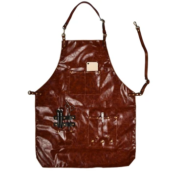 

BBQ Leather PU Apron Bib Leather Straps Chef Kitchen Apron for Women Men Pockets Barber Cook Restaurant Waitress Logo