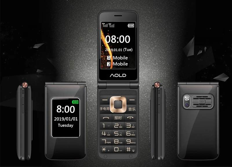 Flip Slim Clamshell Mobile Phone For Old Senior People Speed Dial Russian Key Dual Sim Metal Case Torch Extra Light
