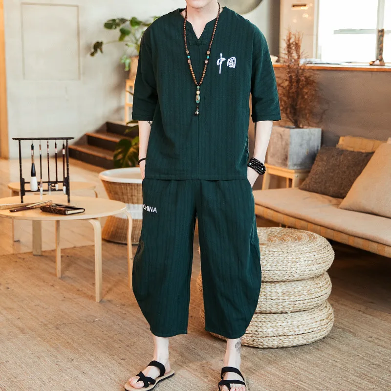 

Flax Two-Piece Set Men's Chinese-style Summer Thin Embroidered Large Size Frog Short Sleeve T-shirt Half Sleeve T-shirt Cotton L