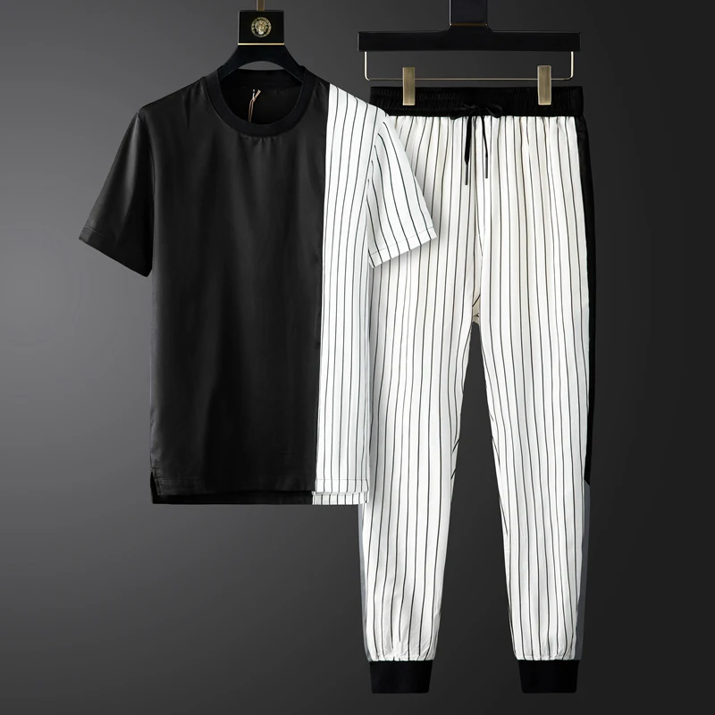 Minglu Summer Mens Sets (t-shirt+pants) Luxury Black White Splicing Stripe Short Sleeve Male Fashion Slim Fit 3XL | Мужская одежда