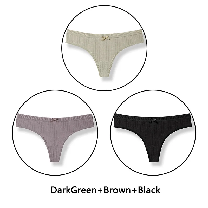 D-Green Brown Black 3 шт./партия, хлопковые стринги, женские сексуальные трусики с низкой посадкой, однотонные мягкие стринги Бесшовные нижнее белье, женское нижнее белье с бантиками, Новинка - Цвет: D-Green Brown Black
