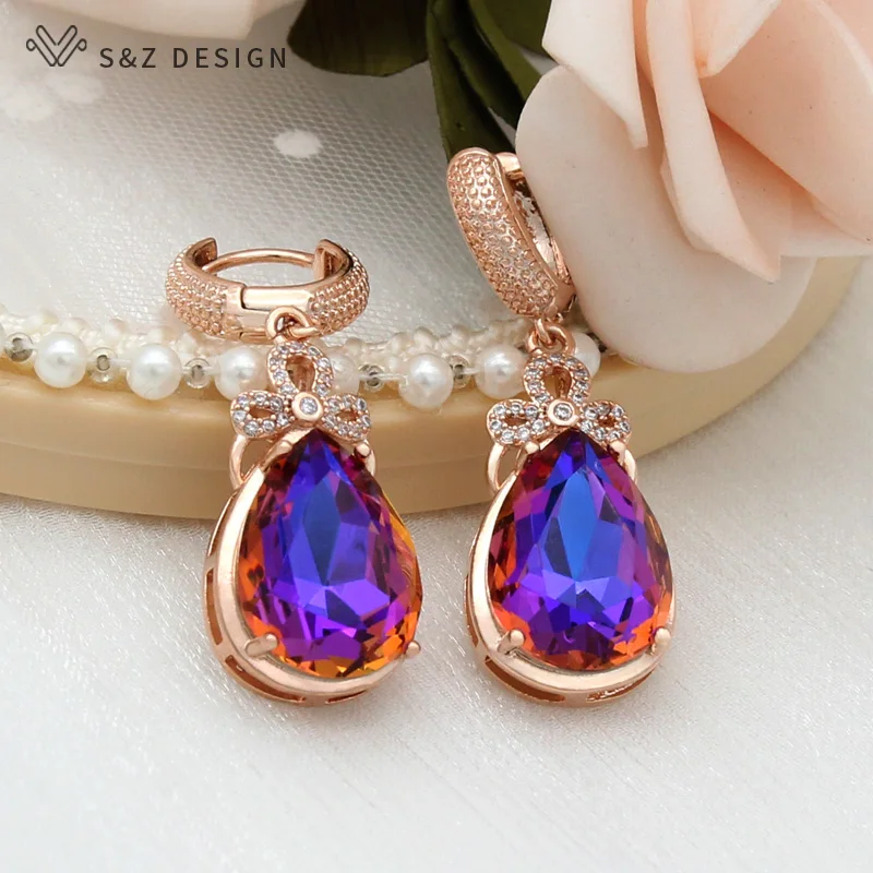 S&Z DESIGN New 2021 Fashion Luxury Cubic Zirconia Water Drop Colorful Crystal Dangle Earrings For Women Wedding Elegant Jewelry