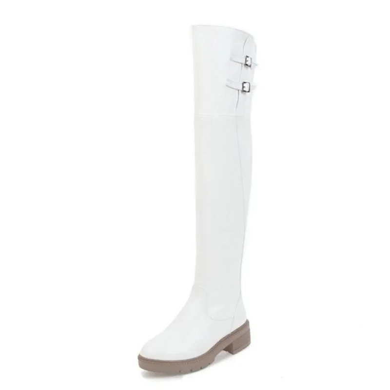 FITWEE/женские сапоги до бедра; зимняя теплая обувь на платформе с мехом; женские повседневные высокие сапоги на квадратном каблуке с пряжкой и молнией; размеры 34-43 - Color: White