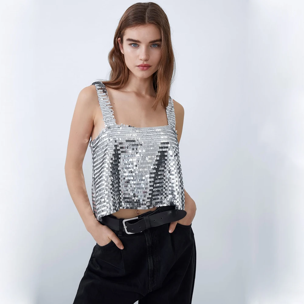 ZA Sequins сексуальный кожаный жилет для женщин модный весенний летний короткий элегантный сексуальный топ для ночного клуба Праздничный Рождественский подарок