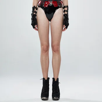 

PUNK RAVE Women Glamour Tight High Waist Glossy PU T-back or THORNG Comfortable Elastic Paint Metal Buckle Sexy Shorts