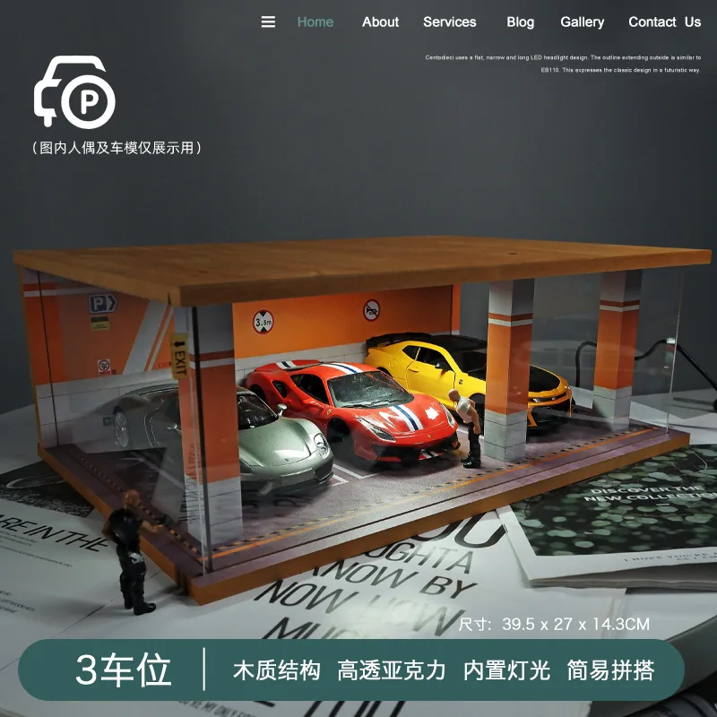 1/24 Simulation Car Model Parking Lot Garage Scene Acrylic Dust Cover DISPLAY Box with Light Wooden Storage 5