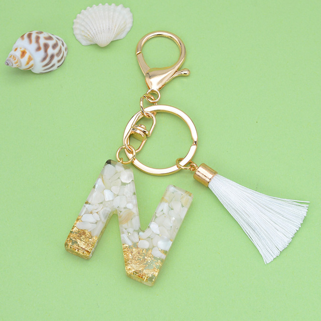 Gold Tassel Alphabet Keychain English Letter Keyring Glitter Gradient Resin Gold Leaf Crafts Car Mirror Handbag Charms