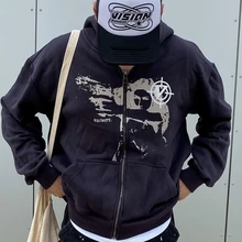 Anime print Gothic Streetwear Long Sleeve Black Zip Hoodie Y2k Grunge clothes Sweatshirt Korean Fashion Punk Sport Coat Pullover