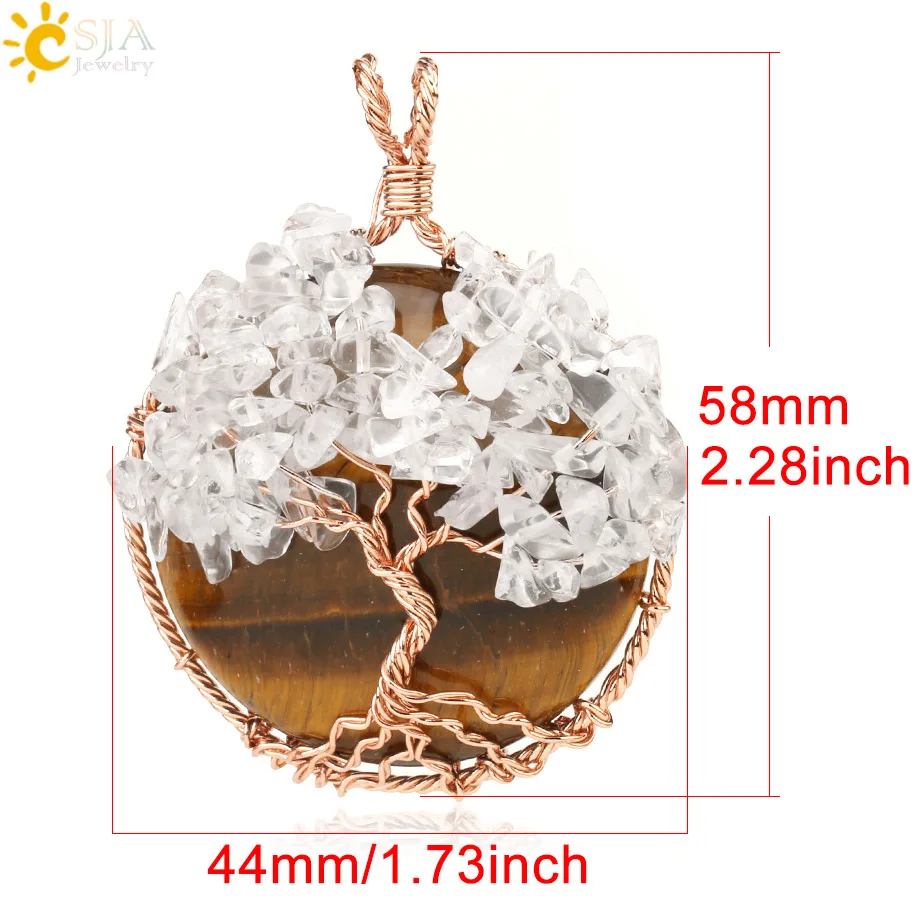 Natural Cabochon Stone Tree of Life Pendant Rose Gold Color Wire Wrap Chip Bead Wisdom Tree Healing Necklace - Image 5