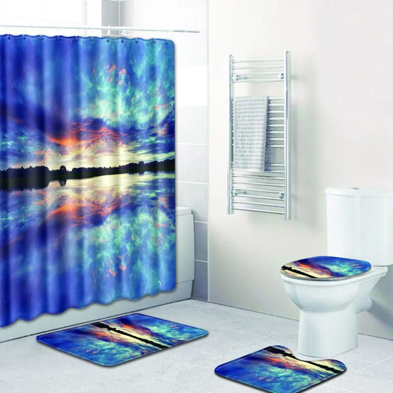 

4pcs/set 3D Scenery Print Waterproof Shower Curtain Bathroom Landscape Anti-slip Bath Mat Set Pedestal Rug Lid Toilet Cover Home