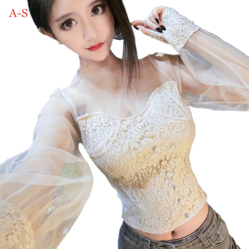 

Sexy Lace Tops 2019 Blusas New Slim Lace Blouse Long Sleeve Casual Shirt Beaded Openwork Women Clothing