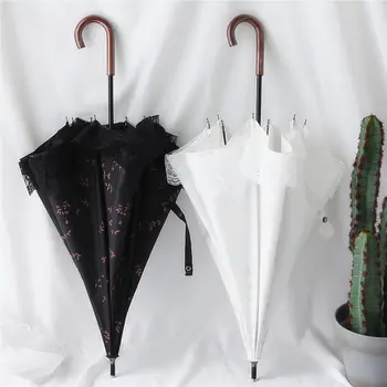 

Luxury Lace Umbrella Wedding Women Wooden Handle Lolita Ladies Long Handle Umbrella Windproof Rain Umbrellas Ombrello Gift SY296