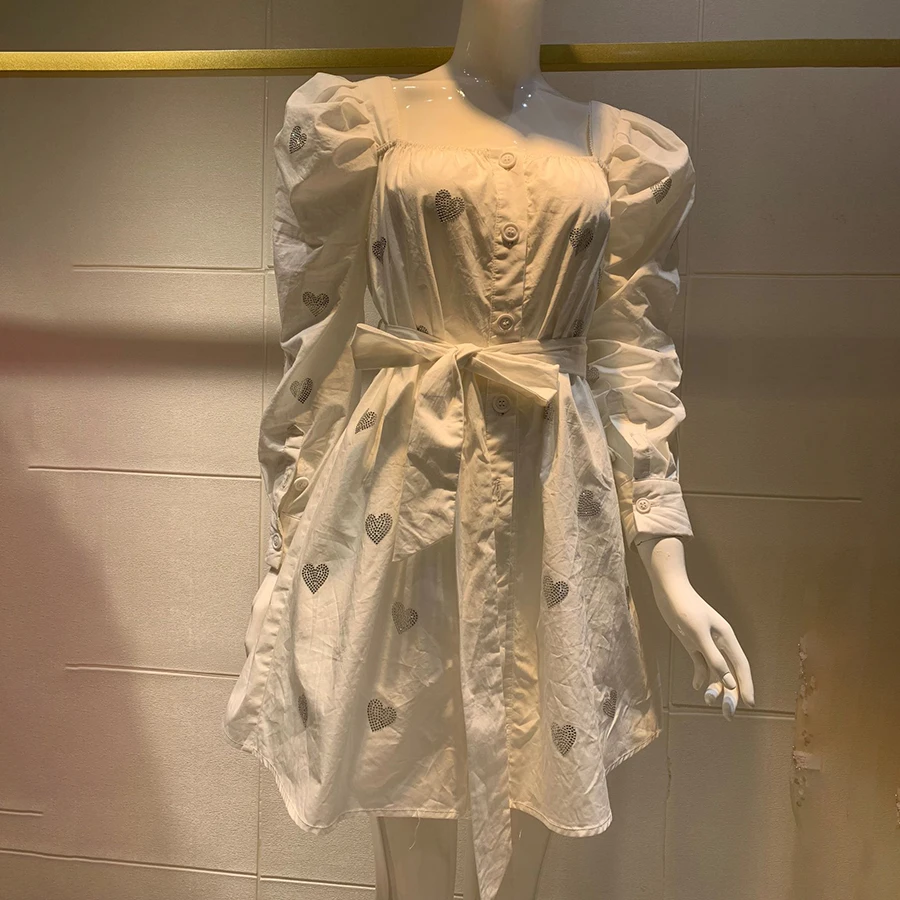 

2020 Designer Luxury Brand Women Vacation Dress Square Collar Heart Pattern Diamonds Mini Dress Drawstring Backless Sexy Dress