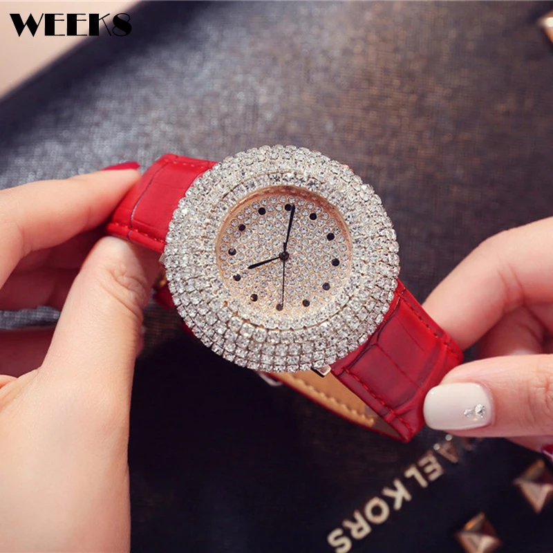 Luxury Diamond Women Watches Rhinestone Bling Dial Casual Red Leather relogio feminino Female Bracelet Lady Quartz Wristwatches