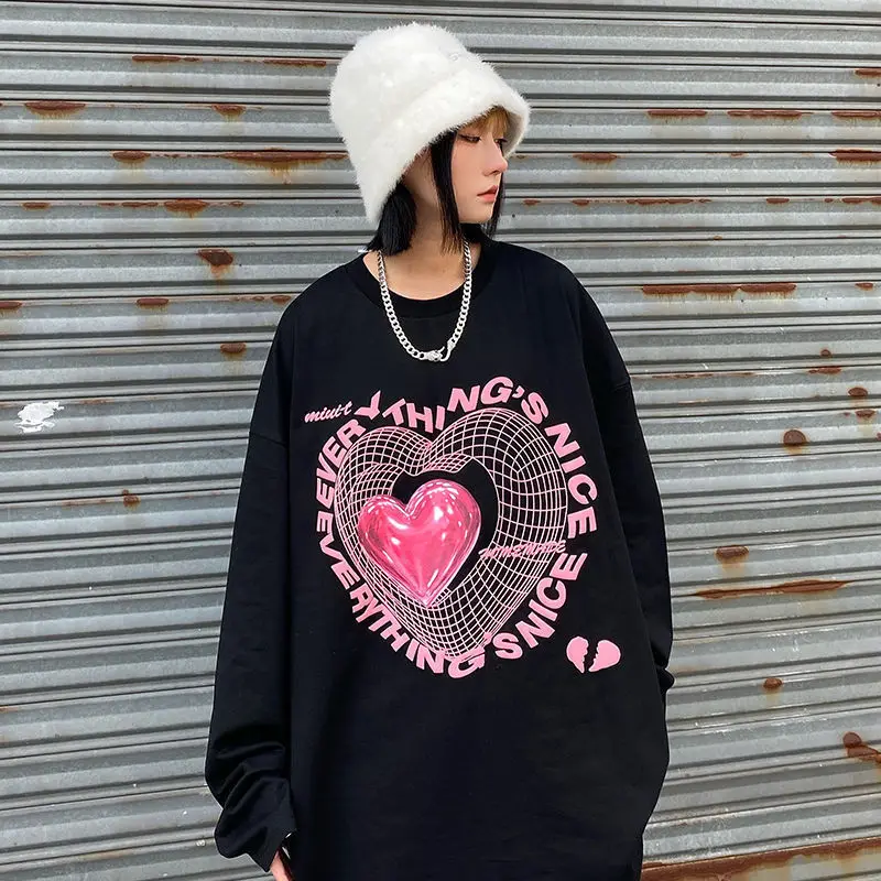 2021 autumn new long-sleeved t-shirt printing love Harajuku style loose long shirt unisex models couple | Женская одежда