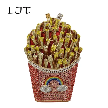 

LJT Newest Designer French Fries Chips Clutch Women Crystal Evening Bag Diamond Wedding Handbag Bridal Purse